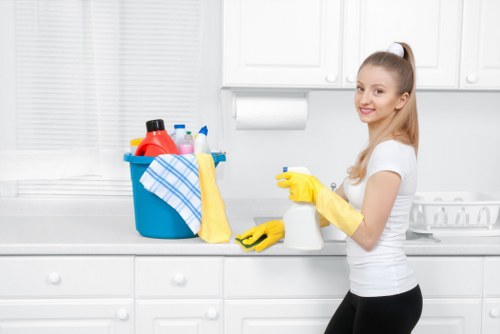 Cleaner wearing PPE while inspecting a carpet before treatment